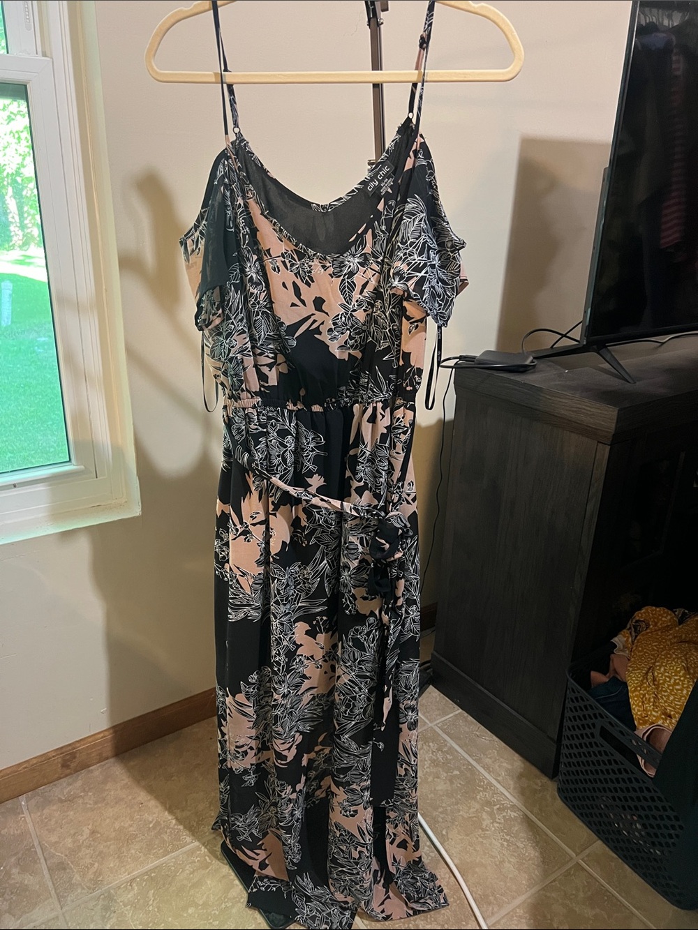 City Chic Black and Blush Floral Cold-Shoulder Maxi Dress